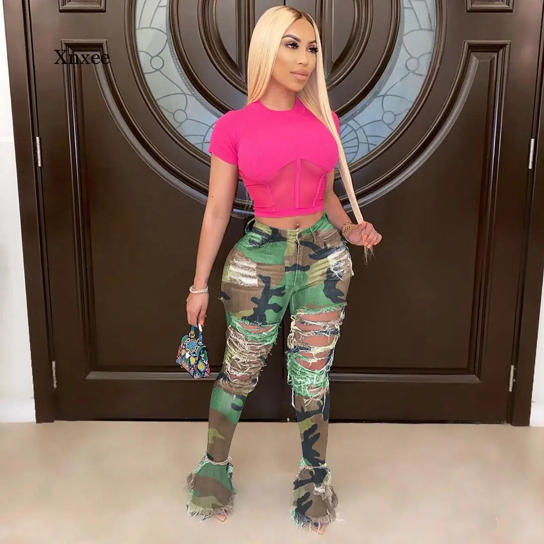 2020 Summer Denim Pants Women fluorescence color Hole Jeans Ripped Flare Spliging Trousers Street Skinny High Waist Pants 6Color