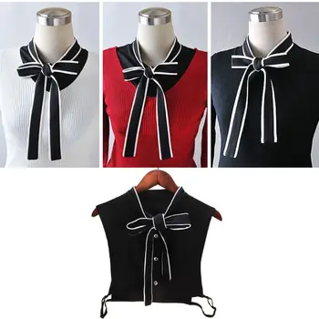 

Female White Edge Ribbon Bow Tie Fake Collar Button Down Detachable Half-Shirt