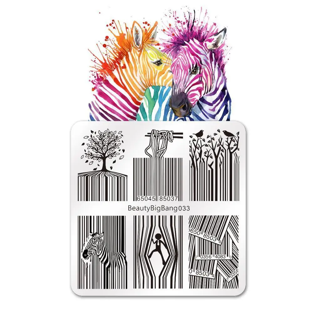 

BEAUTYBIGBANG 6*6cm Nail Stamping Plates Striped Bar Code Zebra Tree Image Stainless Polish Template Nail Art Stamping Plates