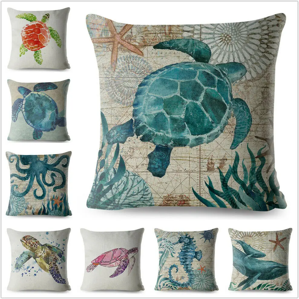 

Watercolor Ocean Turtle Tortoise Print Throw Pillow Cushion Covers Linen Pillows