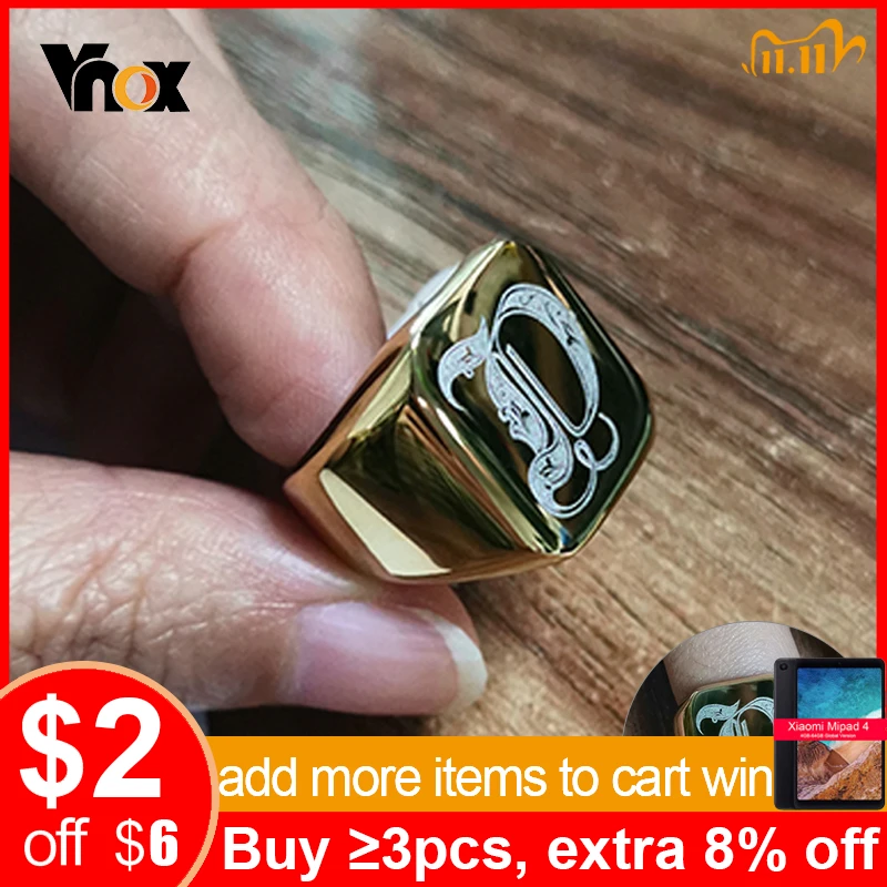 Vnox Heavy A-Z Initial Stamp Ring for Men Gold Color Solid Stainless Steel Signet Ring Chunky Punk F