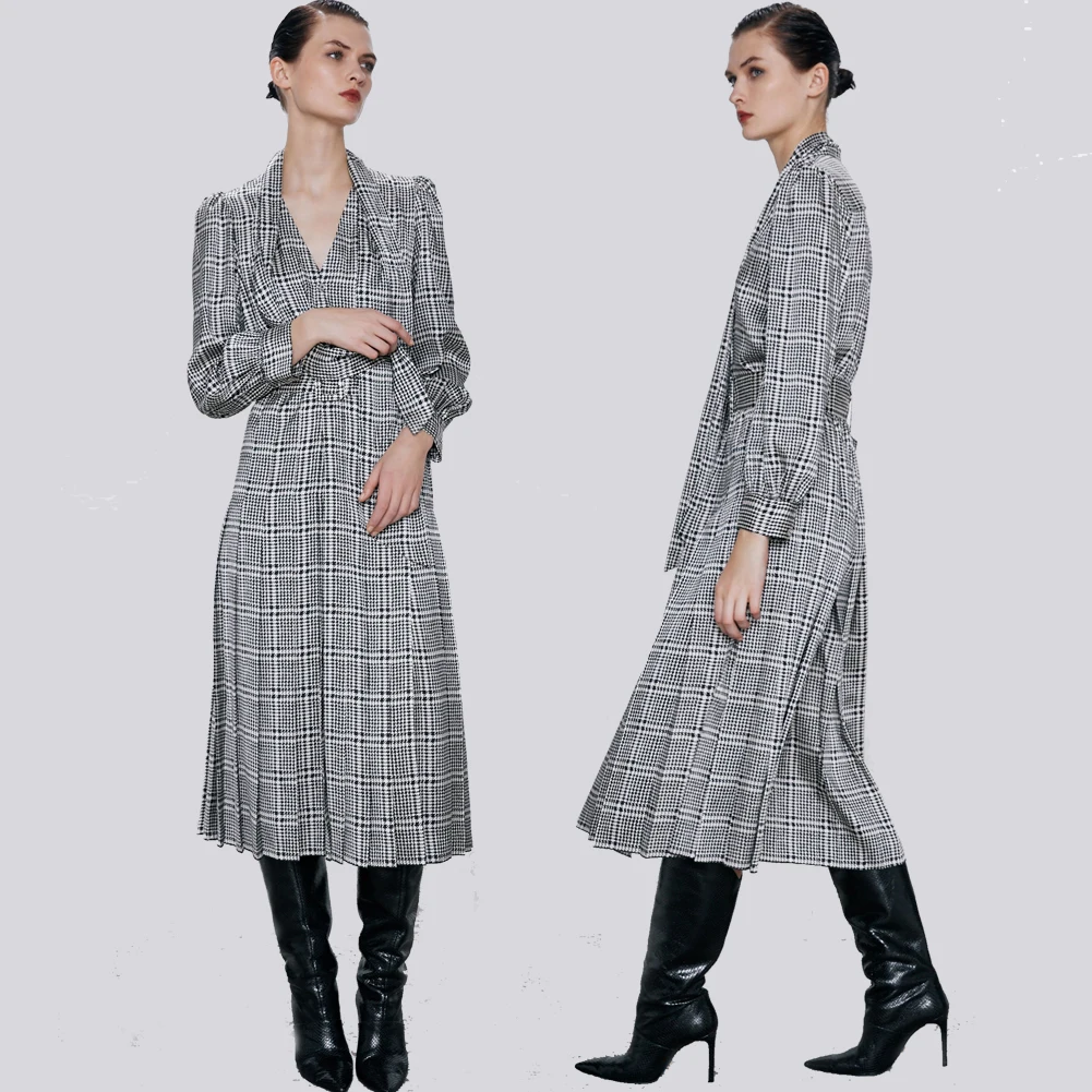 Ladyfirsy с высоким воротником платье принтом в клетку галстуком-бабочкой 2020 Весна