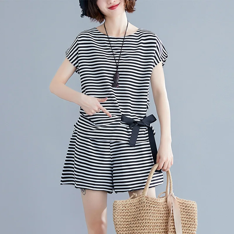 

2019 Summer New Style Literature And Art Large Size Loose-Fit Slimming Striped Suit Fat Mm Two-Piece Set