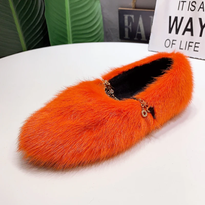 Jady/женские туфли без каблуков с цепочкой из розового меха норки; повседневные Мокасины; женская обувь для вождения; зимняя теплая обувь на меху; обувь на толстой подошве; zapatos mujer - Цвет: Оранжевый