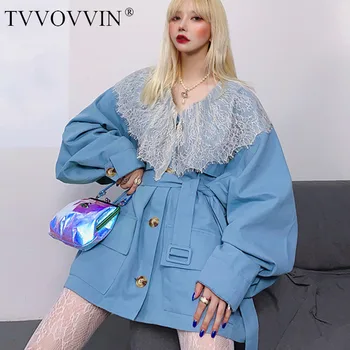 

China Tide Patchwork Lace Plus Size Jacket Sashes Slim Women Clothes 2020 Spring New Fashion Loose Turn Down Collar Coat P017