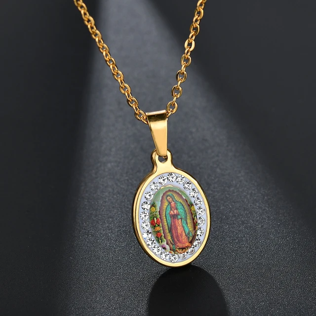 Akizoom Pendant Necklace Virgin Mary Golden Color Christian Jesus Oval Stainless Steel Catholic Men Women Religion Gifts N497 gold