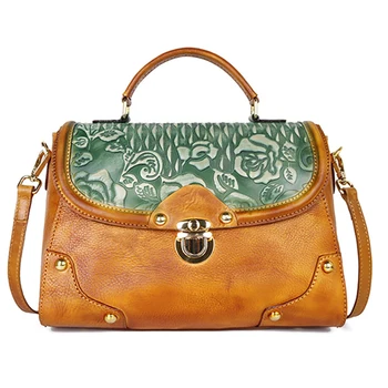 

Embossed Flower Cow Leather Handbag Women 100% Genuine Leather Shoulder Bag Female Vintage Brushed Cowhide Leather Messenger Bag
