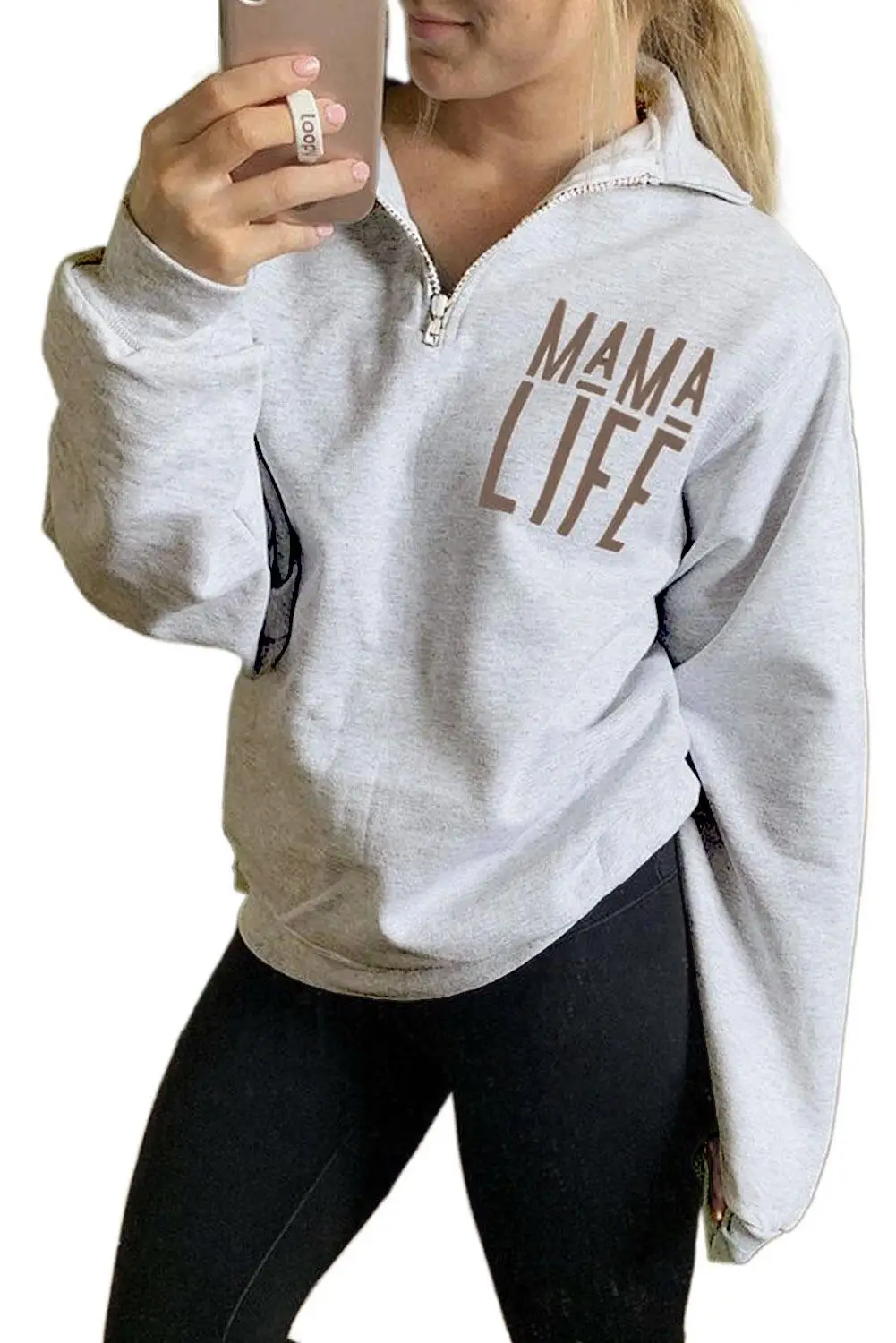 Black/White/Gray Mama Life Letters Print Zipper Sweatshirt 2020 Women Autumn Winter Turn-Down Neck Pullover Casual Sweatshirt