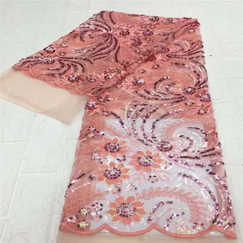 

2020 high quality French Nigerian sequins net lace,African tulle mesh sequence lace fabric for party dress 5yards/lot pink