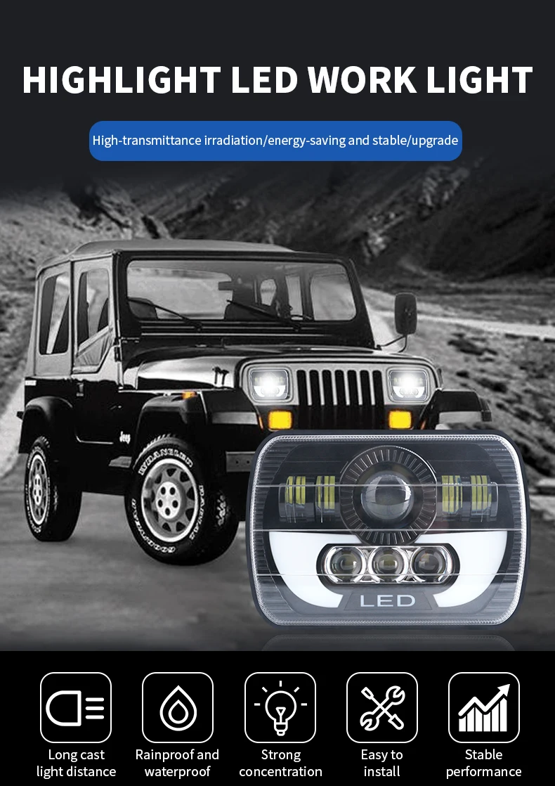 Faróis quadrados LED para Jeep Wrangler, Hi