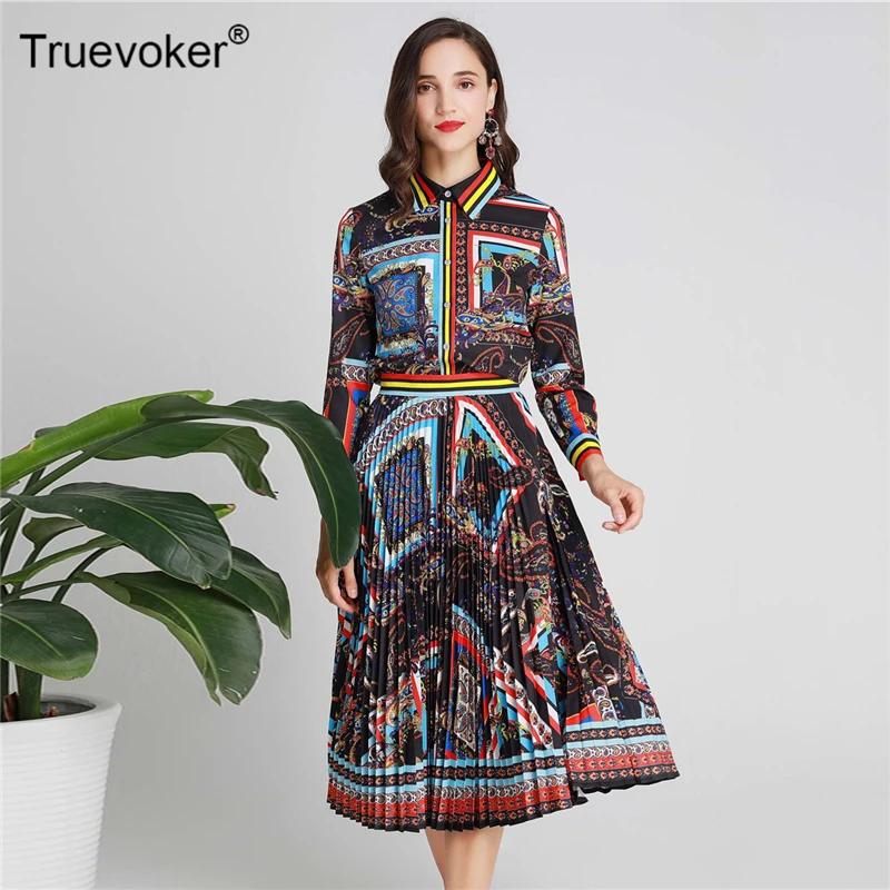 

Truevoker Designer Suit Set Women's Long Sleeve Vintage Ethnic Printed Blouses With Draped Midi Skirt Two Pieces Set For Holiday
