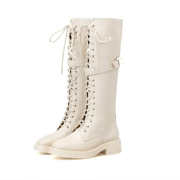 Beige Women Boots Женские сапоги до колена; Черная женская зимняя обувь на шнуровке; Осенняя женская обувь из кожи черного и бежевого цвета; большие размеры 35-40 - Цвет: Beige Women Boots