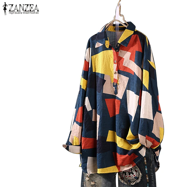 

ZANZEA Women Casual Long Sleeve Blouse Office Lady Tunic Shirt Geometric Printed Buttons Down Tops Blusas Femininas Plus Size