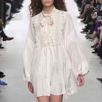 

2020 Runway Designer Lantern Sleeve Vintage Pearl Button Dress Female Mini Dress Luxury Designer White Retro Shirt Dress Women