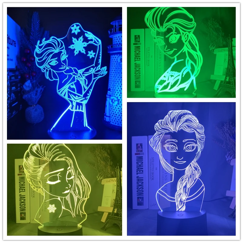 Disney Frozen Princess 3D Lamp Anna Elsa Olfa Acrylic LED Night Light Cartoon Table Lamp for Bedroom Decoration Xmas Gifts Toys