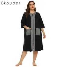 Ekouaer/Ночная рубашка большого размера, женский халат на молнии с коротким рукавом, с карманами, Ночная одежда, ночное платье, женские ночные рубашки, одежда для сна, XL-5XL