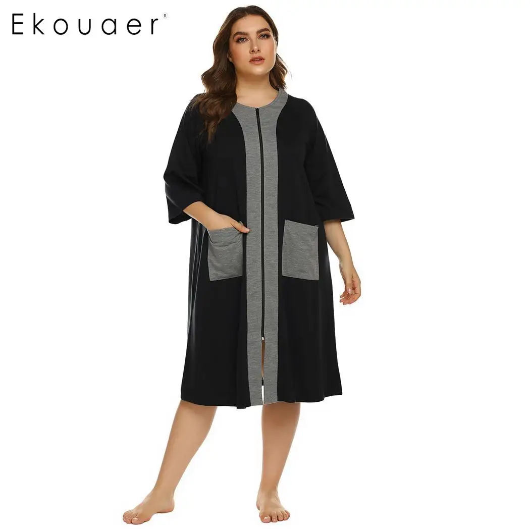 

Ekouaer Plus Size Nightgown Women Half Sleeve Zipper Robe Pockets Loungewear Night Dress Ladies Nighties Sleepwear XL-5XL