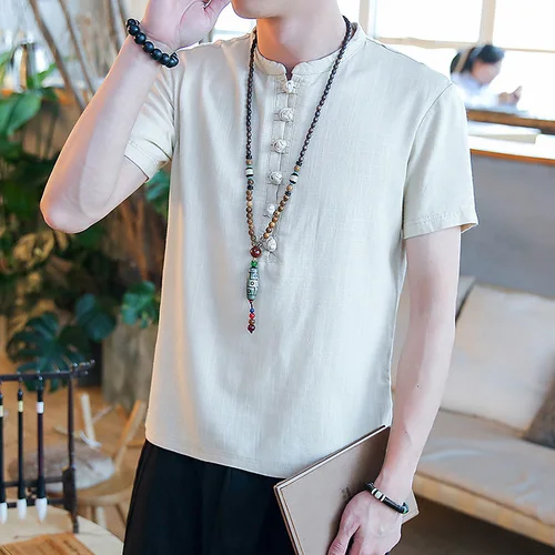 apricot New Sinicism Men Stand collar Linen Shirts For Man top Clothing Solid Cotton linen Casual Single Breasted Slim Size S-3XL - Цвет: apricot