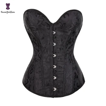 

Overbust Corset Lace Up Steel Boned Waist Bustier Top Black White Floral Basques Burlesque Women Corselet