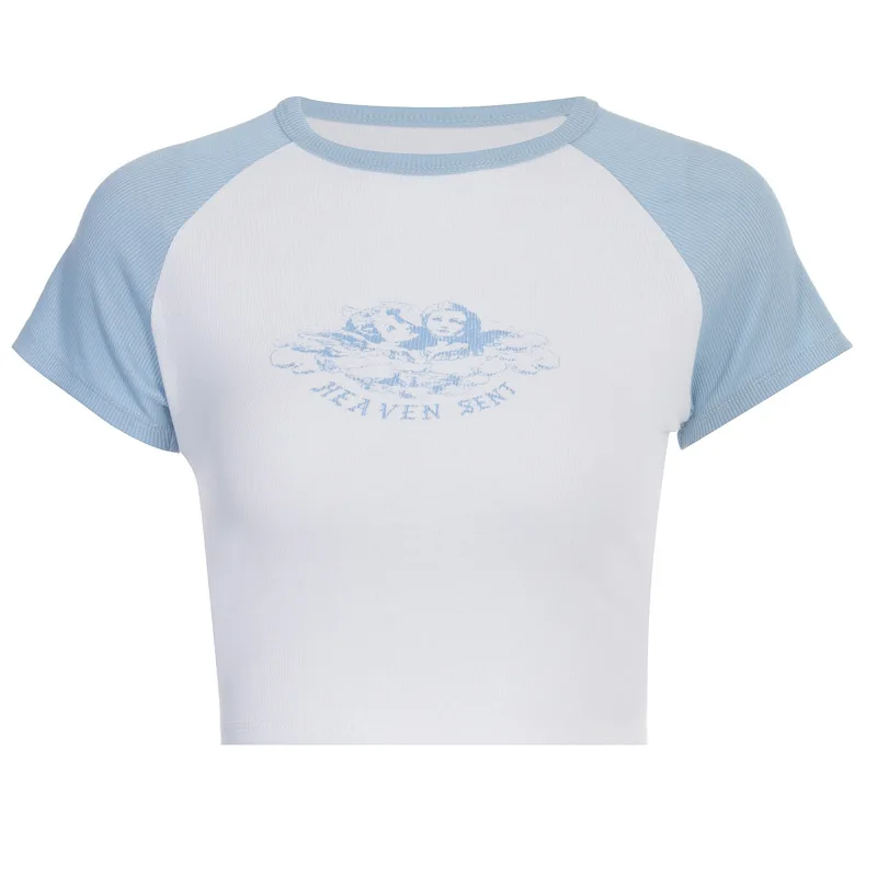 New Angel Print T-shirt Casual Top Summer Women's Short-sleeved T-shirt Women's Stitching Color Sexy Navel Short-sleeved T-shirt
