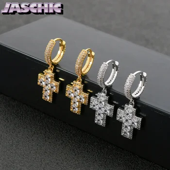 

JASCHIC Hip hop Jewelry Copper Earrings Iced AAA Cz Cross Drop Dangle Huggie Hinged Hoop Earrings For Men Women Brithday Gift