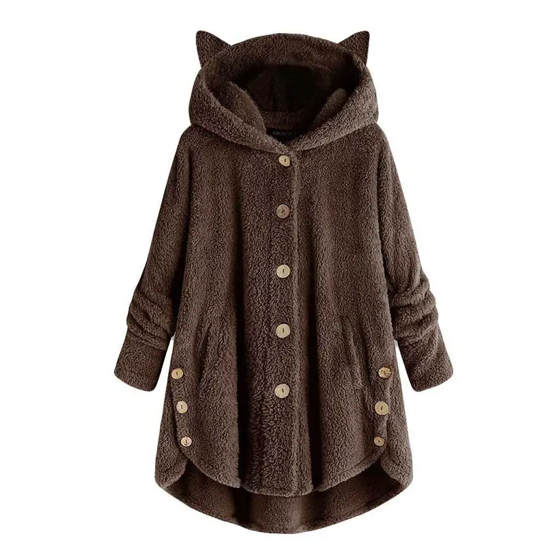 Зимняя куртка женские меховые пальто и куртки, Женское пальто, новое милое уютное флис Тедди пальто с кошачьими ушками, с капюшоном, с принтами персонажей плюшевая куртка для девочек - Цвет: Brown
