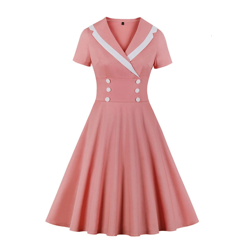 

Women Turn Down Collar Vintage Dress Short Sleeve Sweet Summer Retro Dresses Classic A-line Pleated Elegant Office Dress
