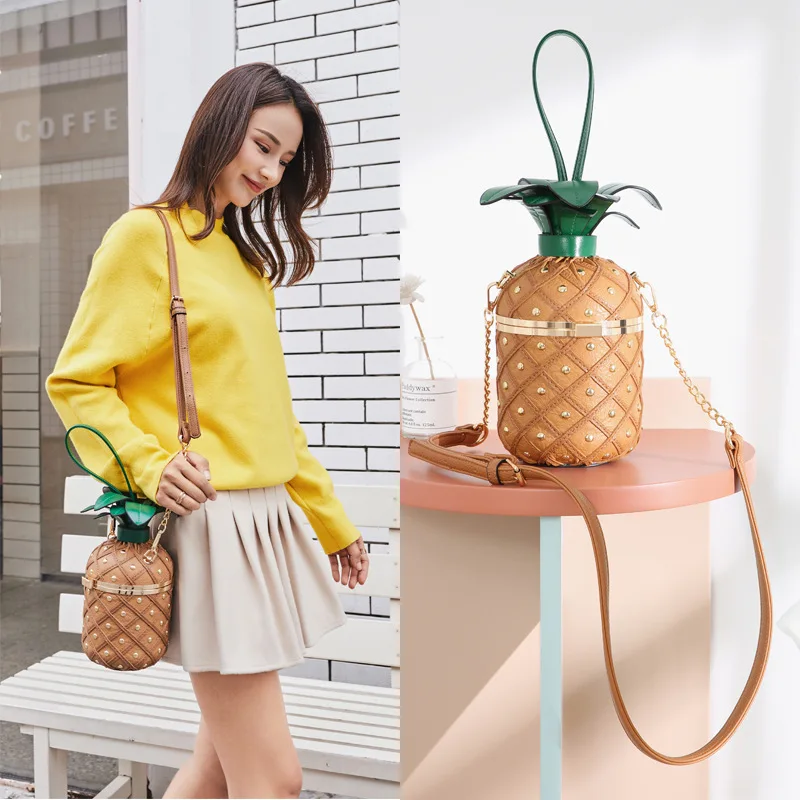 

Personality Creative Trendy Girl HandBag Pineapple Shaping Hand-held Chain Crossing Clamp Small Round Bag Shoulder Bags Women