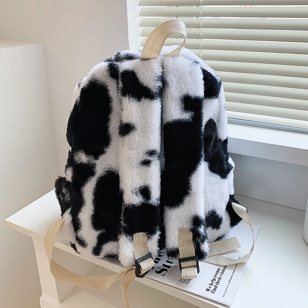 Retro Cow Leopard Printing Women Backpacks Autumn Winter Soft Plush School Bags Female Casual Large Capacity Travel knapsacks 4