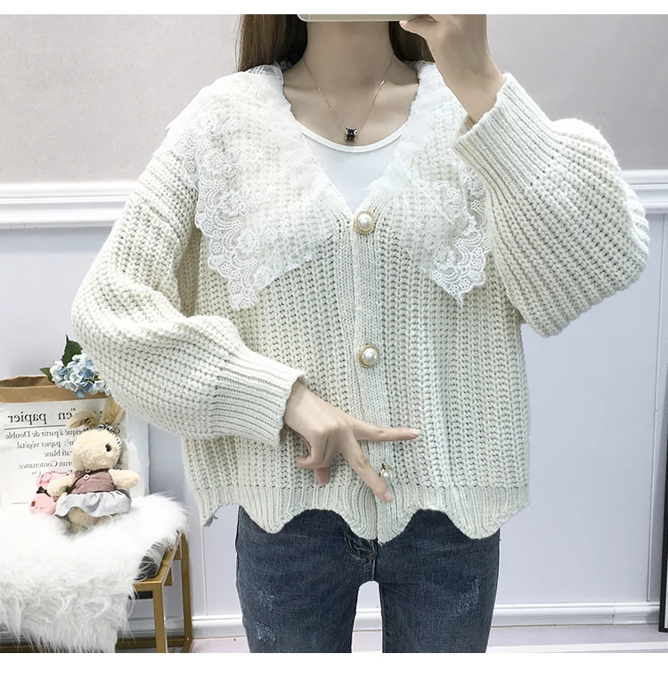 

Winter Women Knitted Cargidans Sweets Students Girls Sweaters Cute Female Long Sleeve Lace Collar Knitted Cardigan tops