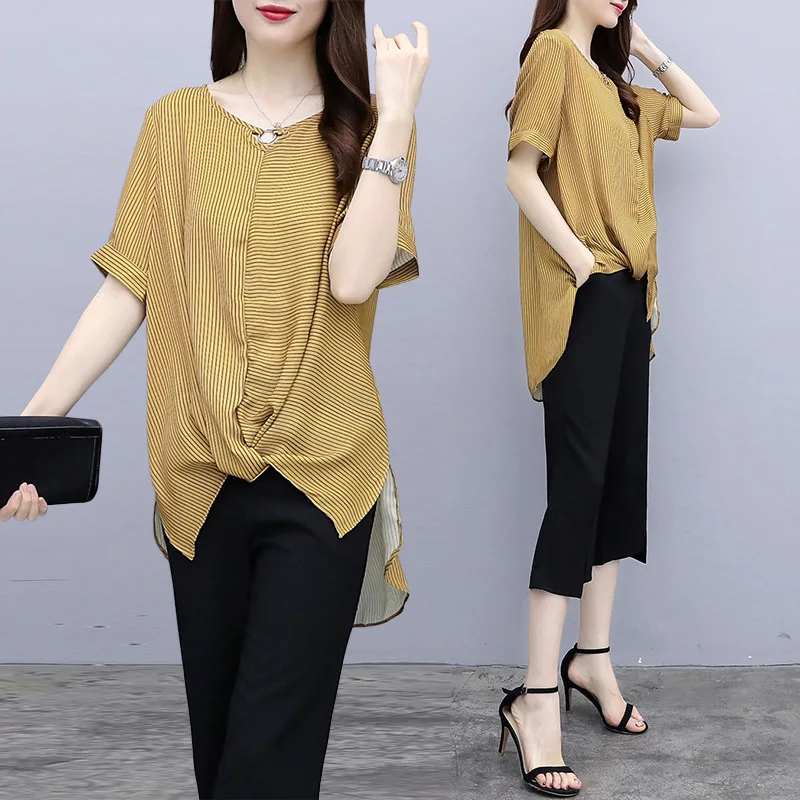

2019 Summer Wear New Style Korean-style Large Size Fat Mm Plus-sized Fashion Stripes Slimming Set