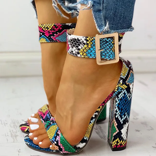 Snakeskin / Floral Print Ankle Buckled Chunky Heels 2