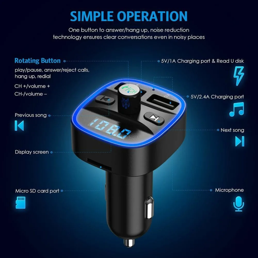 Автомобильный Mp3 музыкальный плеер Bluetooth 5,0 приемник fm-передатчик двойной USB Автомобильное зарядное устройство U диск и TF карта музыкальный плеер без потерь