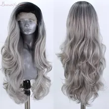 Черные корни Омбре серый натуральная волна синтетические 13*3 Кружева передние парики Высокая температура волокна волос свободный пробор для женщин парики на каждый день
