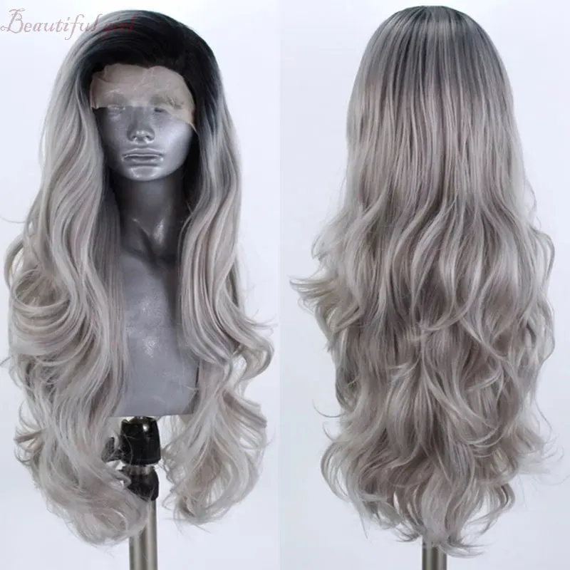 Черные корни Омбре серый натуральная волна синтетические 13*3 Кружева передние