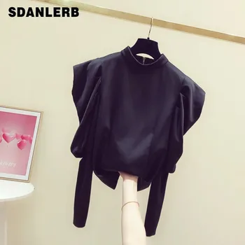 

2020 Spring New Korean Style White Tshirt Women's Clothing Coat Solid Color Round-Neck Fashion Puff Sleeve Zip Shirt Blouse