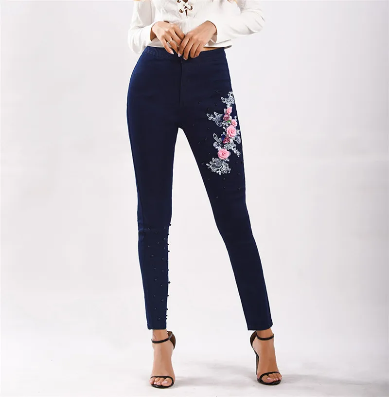 Fashion New High Waist Jeans for Women Pearl embroidery Slim Stretch Denim Jean Bodycon Belt Bandage Skinny Push Up Jeans Woman