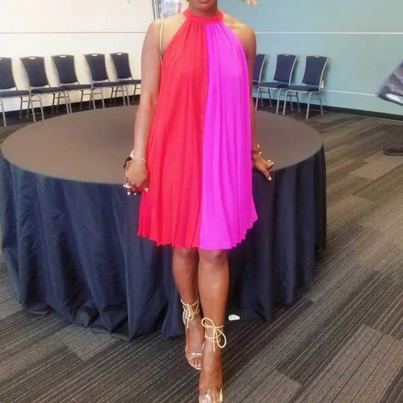 Color Block Halter Sleeveless Sexy Women Summer Autunm Club Party 2019 Losse Dress Patchwork Causal Mini Dresses Robe Vestito
