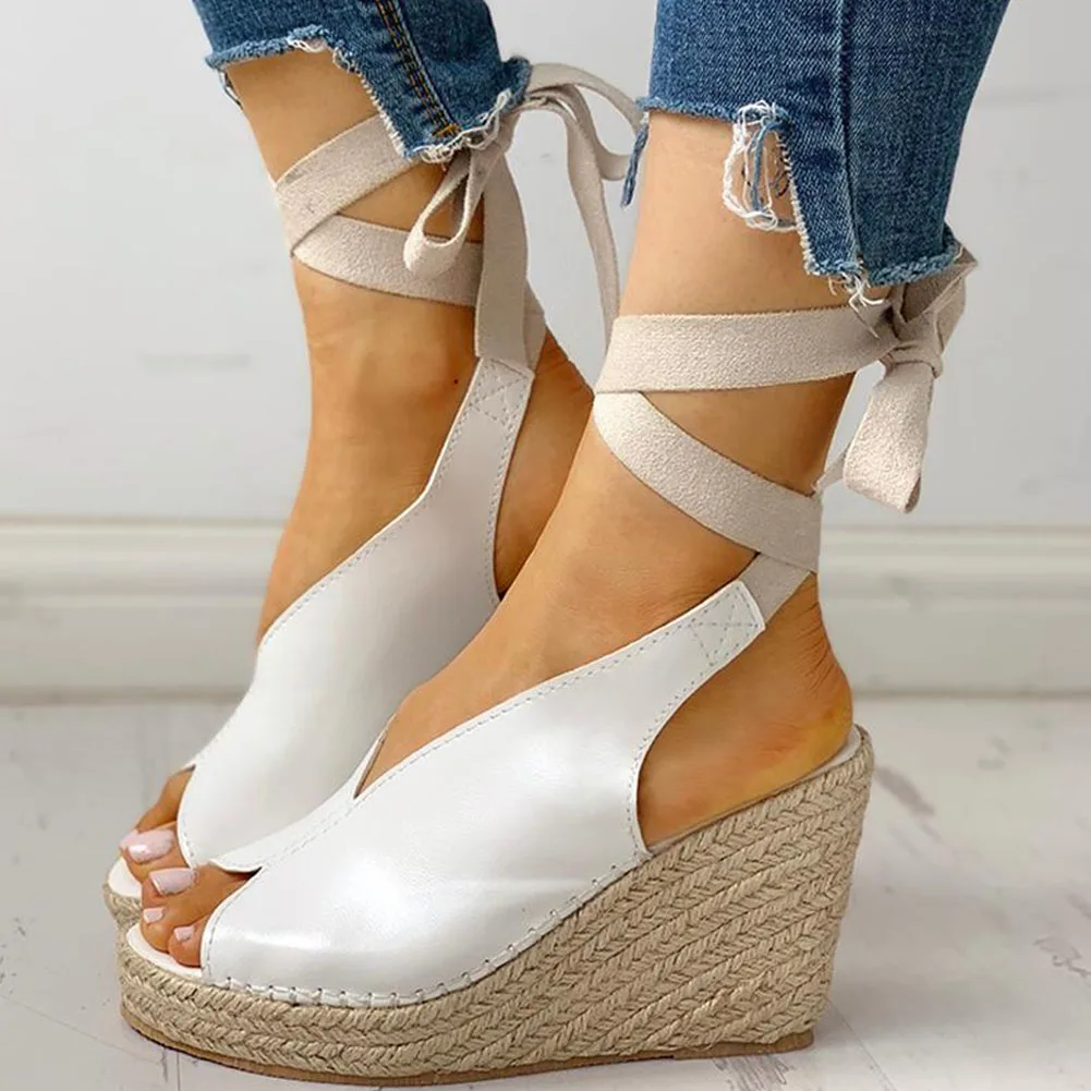 

Karinluna New Plus Size 43 Wholesale Wedges High Heels Casual Platform Straw Comfort Summer ankle-wrap Women Shoes Woman Sandals