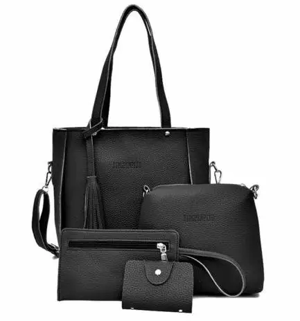Комплект из 4 предметов, женская кожаная сумка, модные сумки с кисточкой, высокое качество, женская сумка на плечо для женщин, Большая вместительная сумка - Цвет: Черный