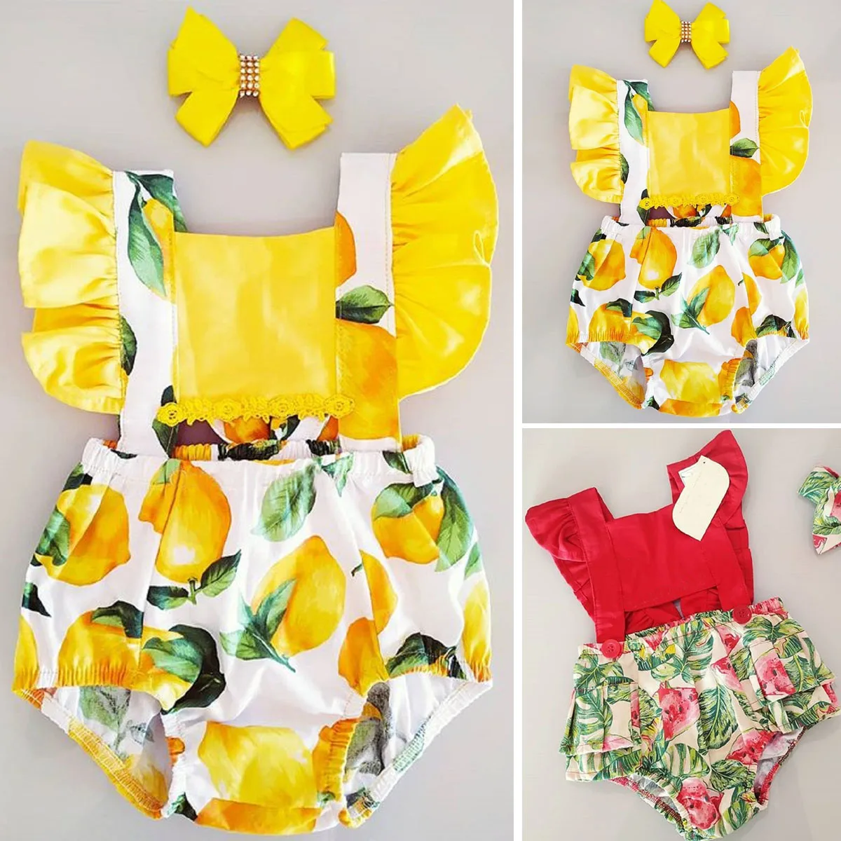 Летняя одежда для малышей боди «арбуз» с цветочным рисунком для новорожденных девочек, комбинезон в складку, повязка на голову, одежда
