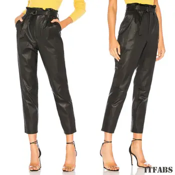 

New Arrival Fashion Women High Waist Pants Paperbag PU Leather Stretch Trousers Ladies Pants With Blet