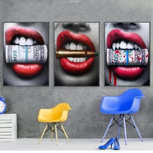 Самоотверженно Wall Art принты Плакаты сексуальные красные губы Bite Bullet и деньги Современные холст картины для гостиной Декор