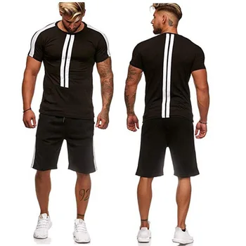 

2020 sports suit men set European and American summer men's casual fitness short-sleeved shorts striped 2 pieces