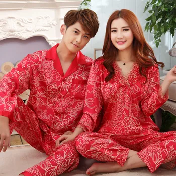 

Spring and Autumn New Style Couples Men's WOMEN'S Pajamas Festive Bright Red Marriage Homewear Set Imitated Silk Pajamas