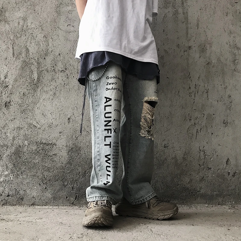 Корейский Harajuku Vinagte streewear хип-хоп рваные прямые джинсовые штаны с надписями женские Модные свободные однотонные повседневные женские джинсы