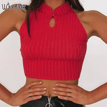 

Waatfaak Rave Club Fitness Sexy Crop Top Women O Neck Cut Out Chinese Style Button Red Crop Tops Summer Tank Tops Cropped 2020