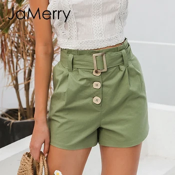 

JaMerry Casual green women summer shorts Sash belt cotton female shorts Office work ladies buttons shorts streetwear bottoms