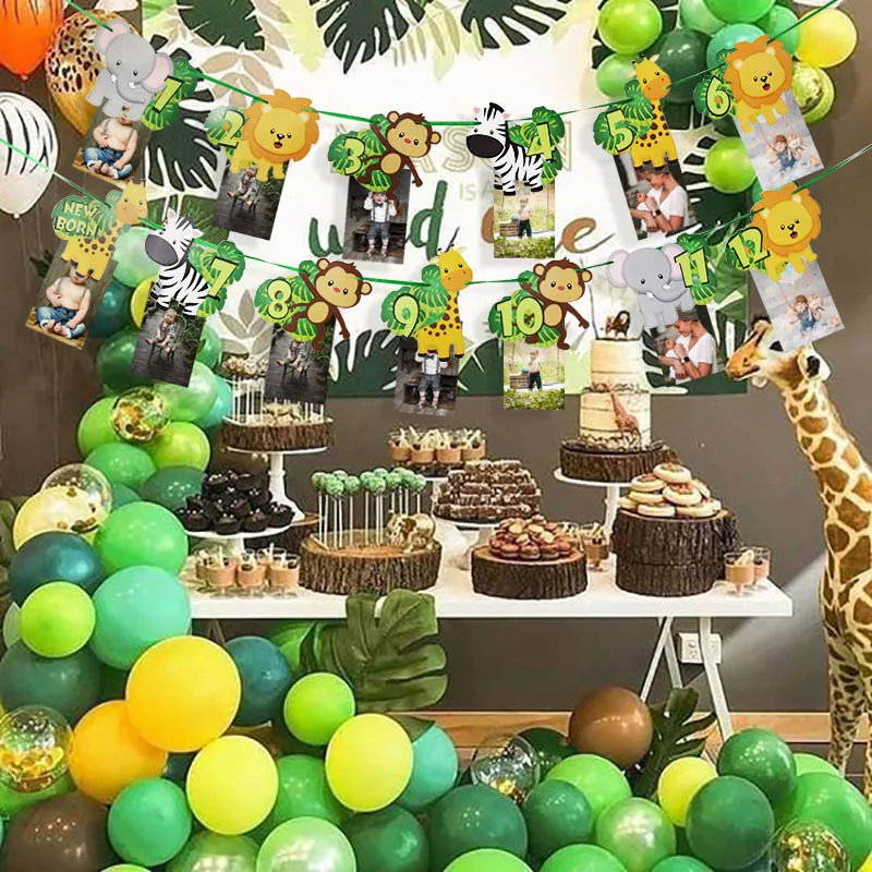 Décor d'animaux de la Jungle, banderole Photo de 1er anniversaire 1-12  mois, décorations de fête Safari, fournitures de fête d'anniversaire  d'animaux d'un an / Articles de fête