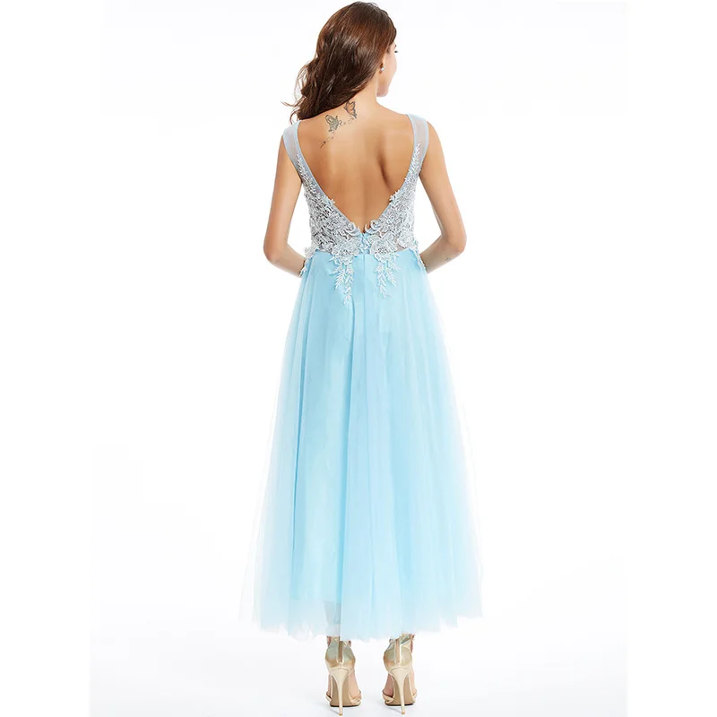 Dressv синее длинное вечернее платье с аппликацией без рукавов, недорогое свадебное торжество, вечернее платье трапециевидной формы es